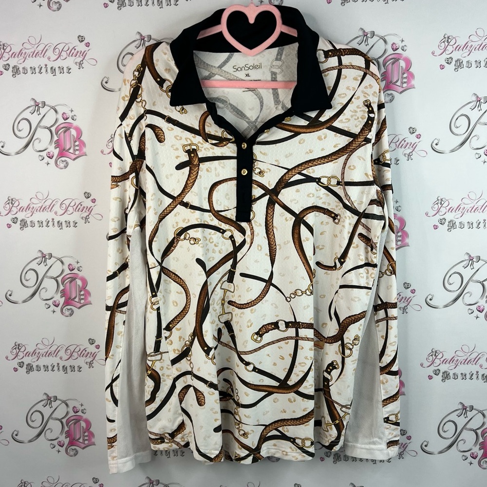 San soleil shirt long sleeves chains White and Brown Patterned UPF 50 sun shirt